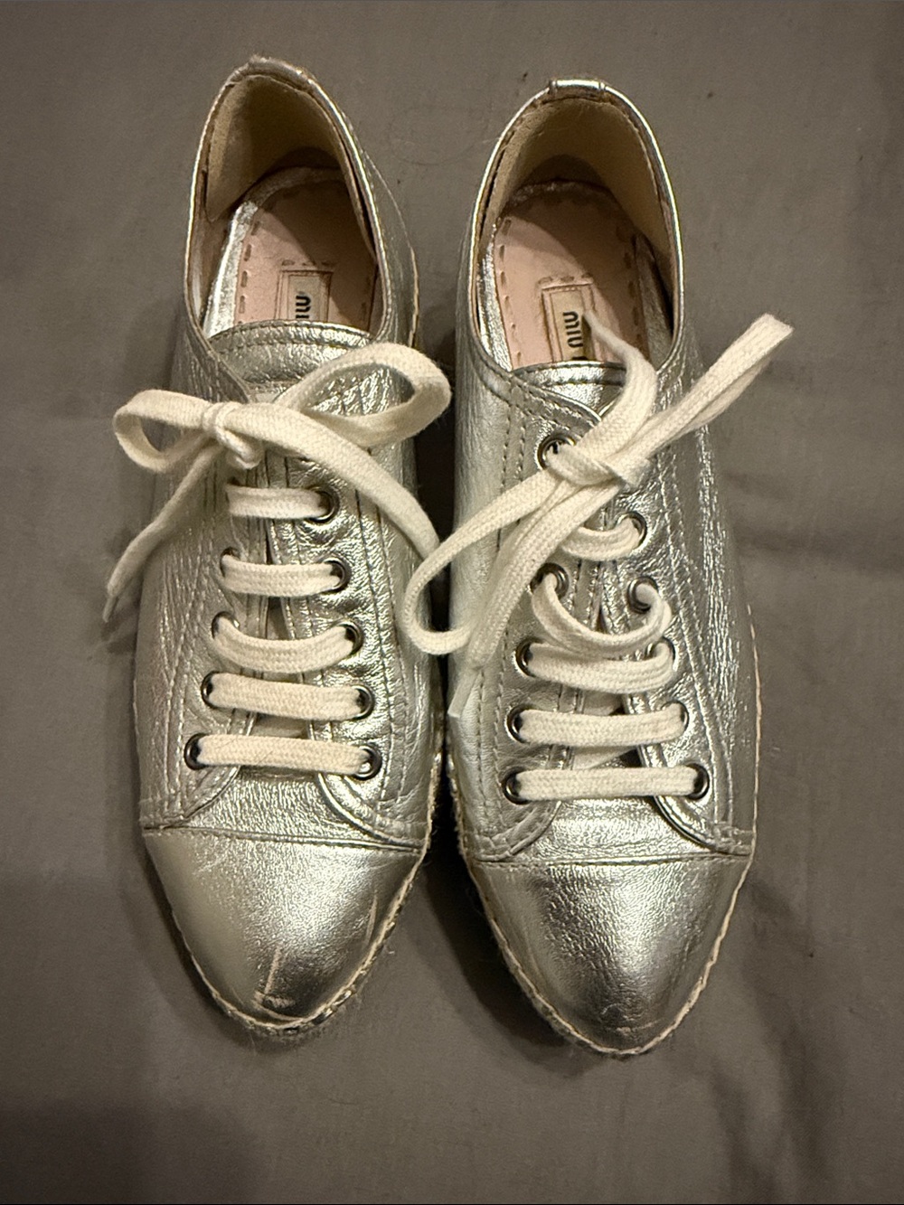 Miu Miu Silver Metallic Lace-Up Espadrille Platform Sneakers - Picture 2 of 8